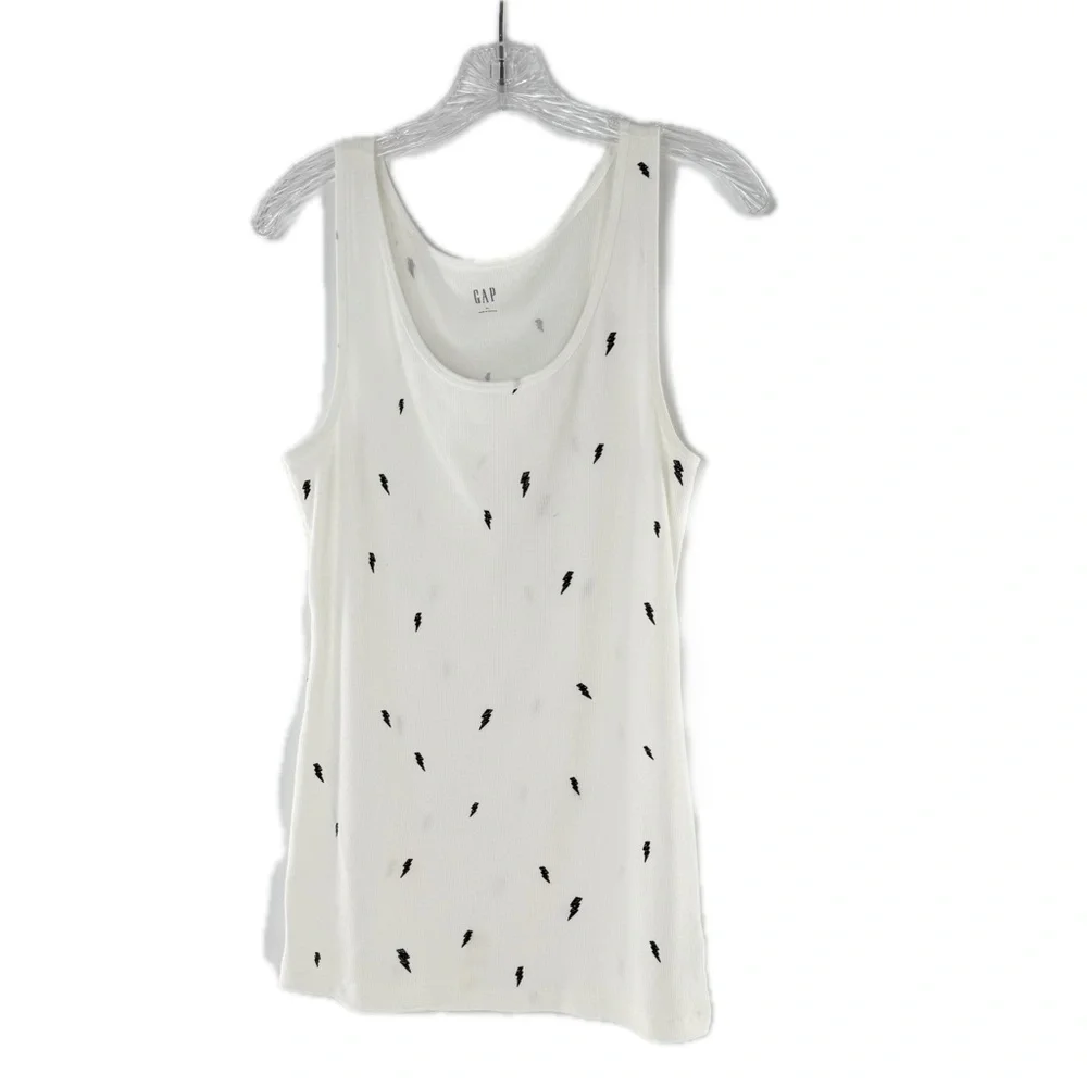 GAP White Rib-Knit Boyfriend Tank Top with Black Lightning Bolt Pattern Size XL